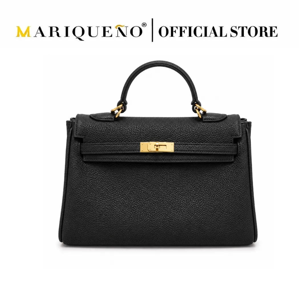 A black pebbled leather handbag with a top handle and gold-tone hardware, shown against a plain white background. The text 'MARIQUENO | OFFICIAL STORE' is displayed at the top of the image.
#color_black