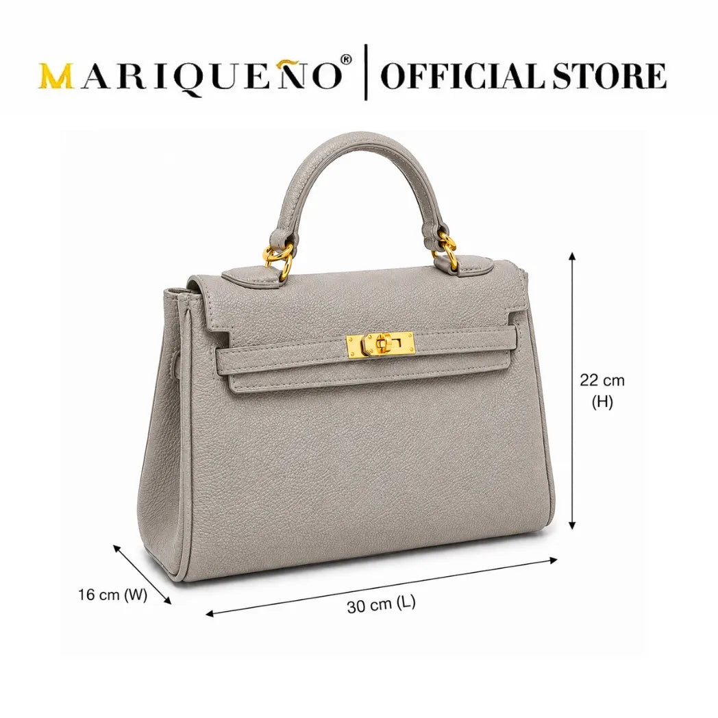 A light gray textured leather handbag with gold-tone hardware, shown with dimension lines and labels indicating 30 cm length, 16 cm width, and 22 cm height. The text 'MARIQUEÑO | OFFICIAL STORE' appears at the top.
#color_gray