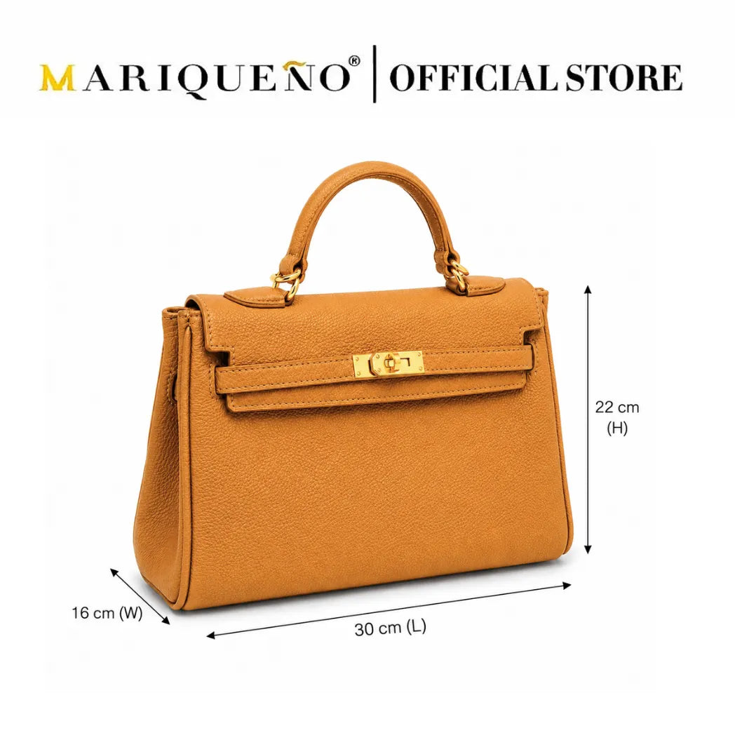 A tan pebbled leather handbag with gold-tone hardware, shown on a white background with overlaid dimension lines and text indicating 30 cm length, 16 cm width, and 22 cm height. The text 'MARIQUEÑO | OFFICIAL STORE' appears at the top.
#color_tan