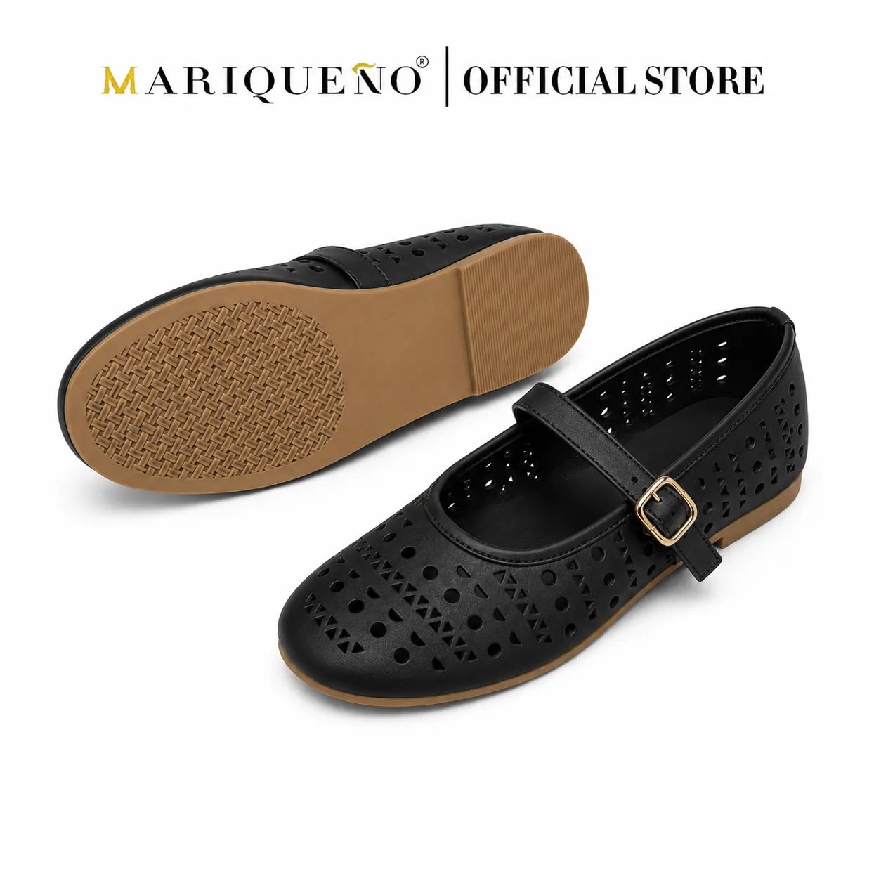 A pair of black Mary Jane flat shoes with perforated cutouts on the toe box and side straps, featuring a gold-tone buckle. One shoe is shown from the side profile, and the other is shown from the sole view to display the tread pattern.
#color_black