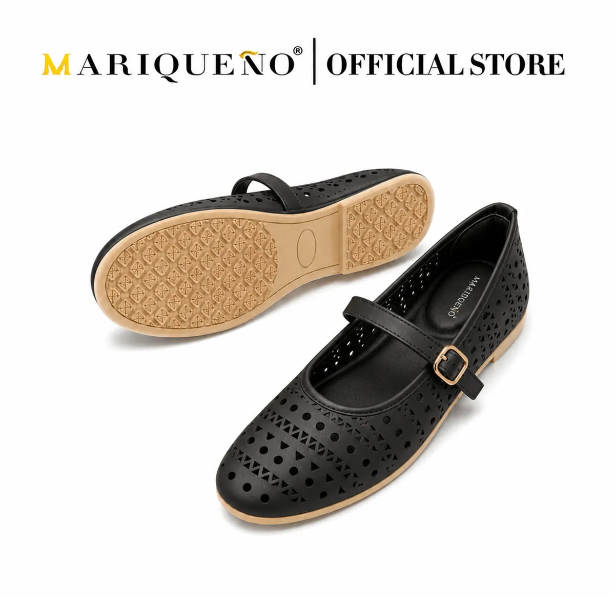 A pair of black Mary Jane flat shoes with perforated cutouts on the toe box and side straps, featuring a gold-tone buckle. One shoe is shown from the side profile, and the other is shown from the sole view to display the tread pattern.
#color_black