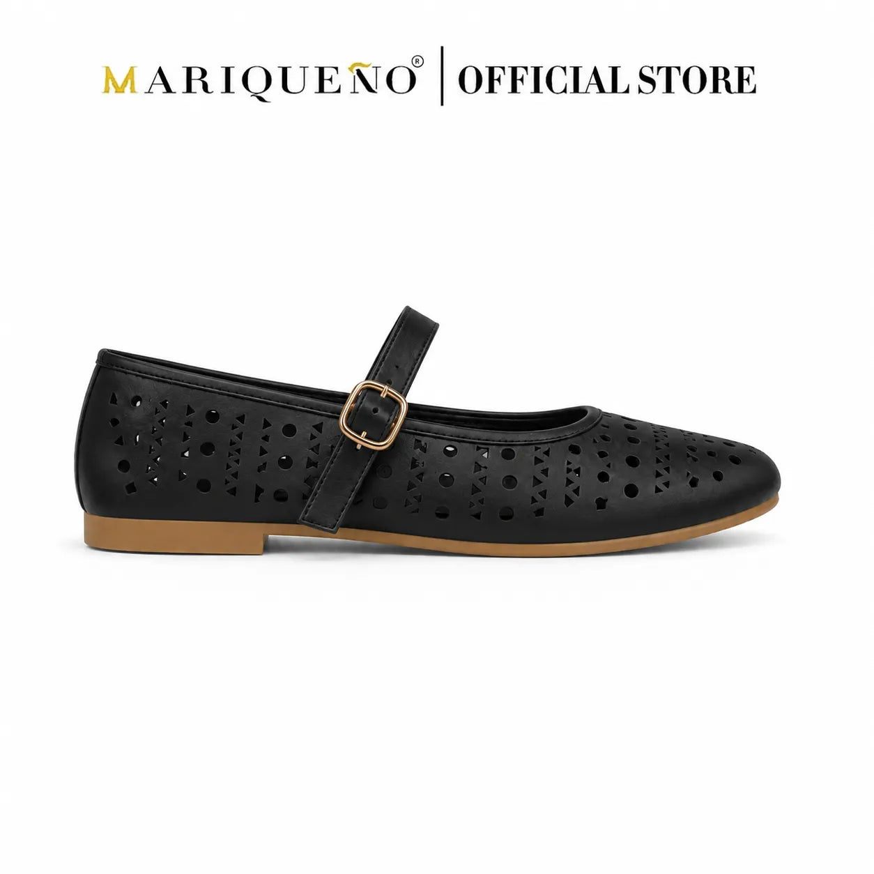 A single black Mary Jane flat shoe with perforated detailing, a gold-tone buckle strap, and a tan sole, shown against a white background with 'MARIQUENO | OFFICIAL STORE' text at the top.
#color_black