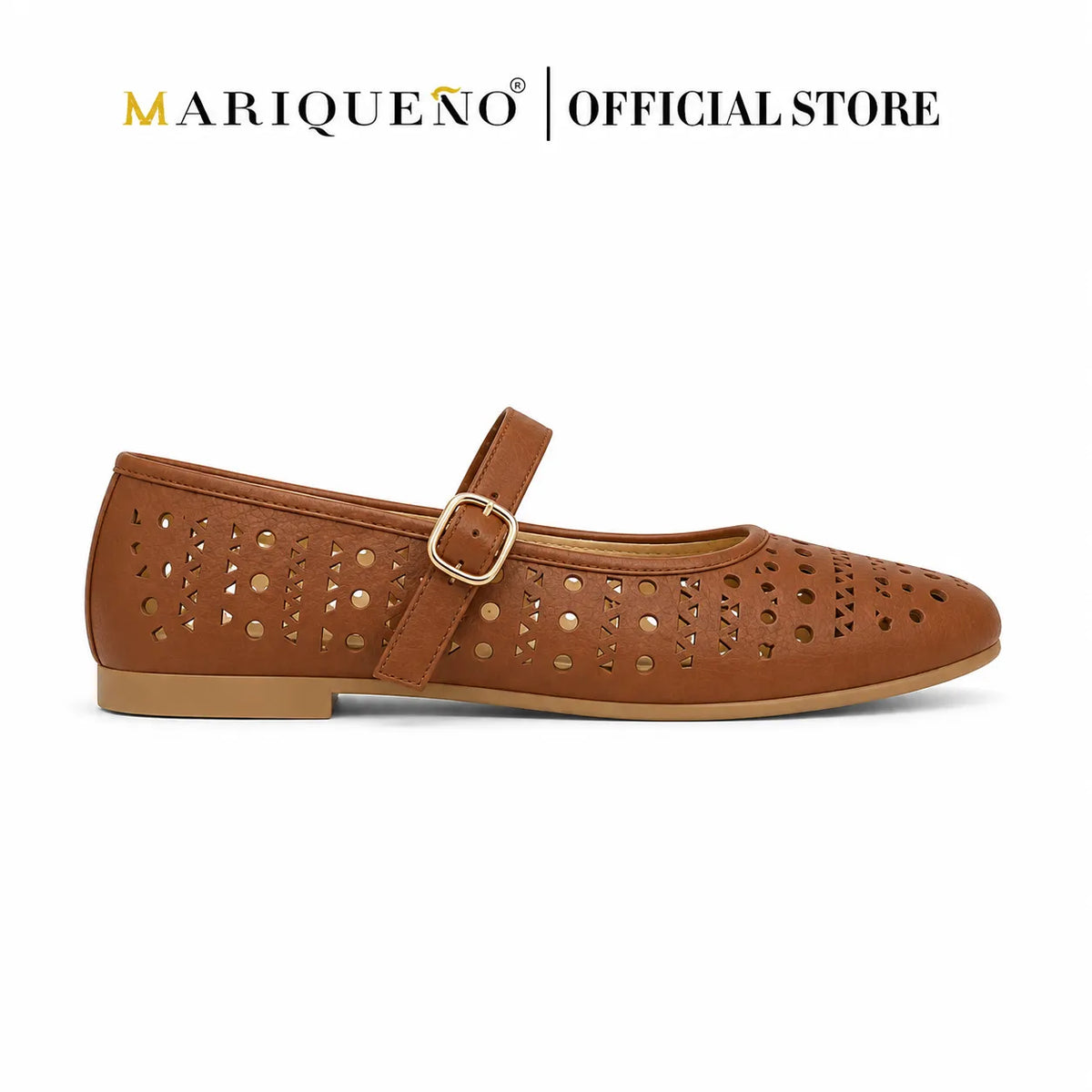 A single brown Mary Jane flat shoe with perforated detailing and a gold buckle strap, shown on a white background with the text 'MARIQUENO | OFFICIAL STORE' at the top.
#color_mocha brown
