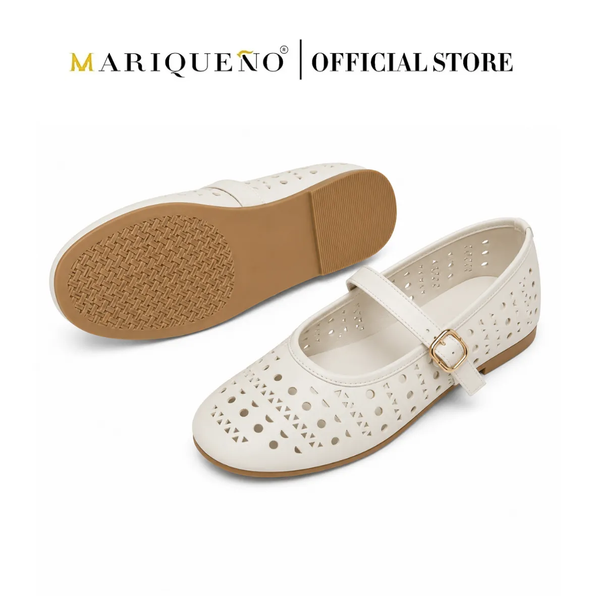 A pair of off-white Mary Jane flat shoes with circular cutouts, featuring a gold-tone buckle and a tan outsole, shown against a white background with 'MARIQUENO | OFFICIAL STORE' text at the top.
#color_white