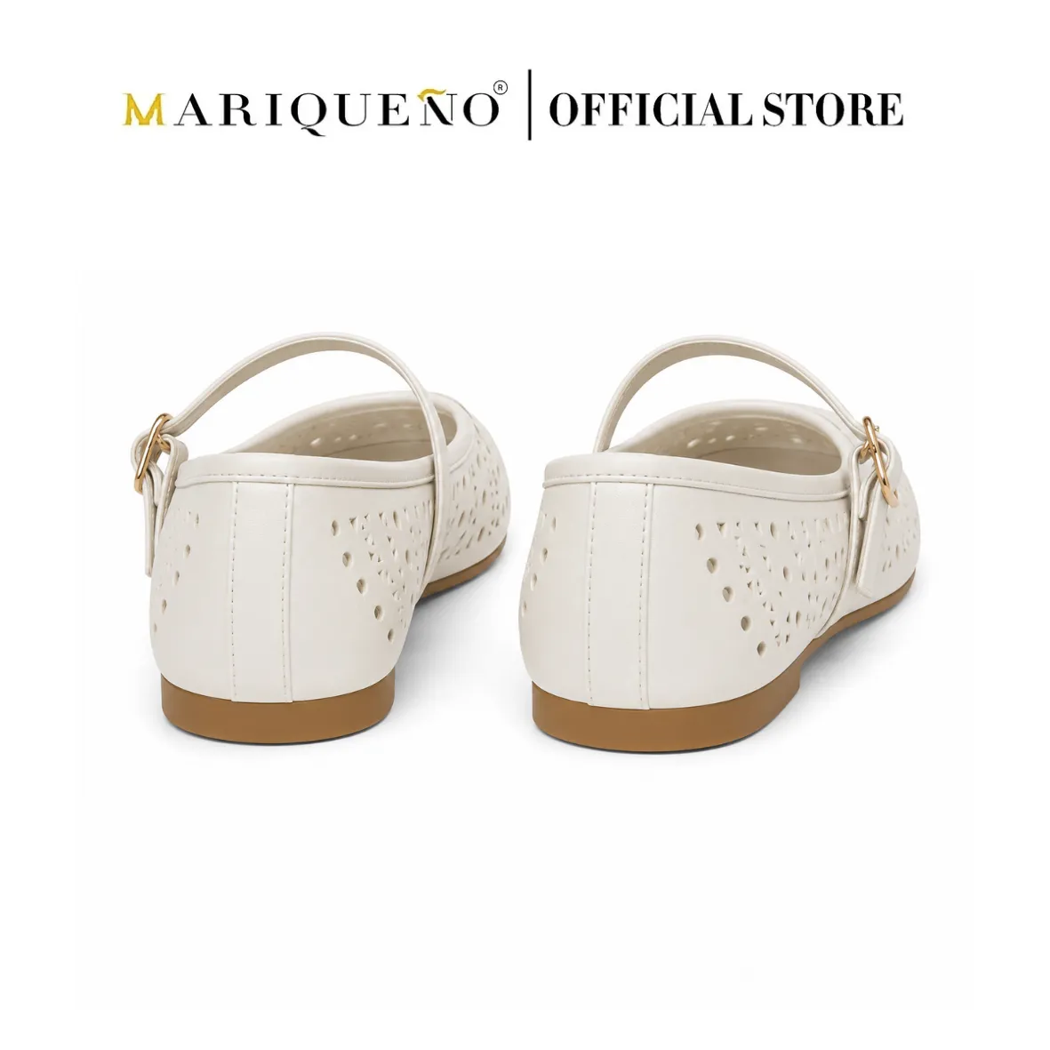 A pair of off-white Mary Jane flats with perforated details on the sides, shown from a rear three-quarter view. The shoes feature a tan sole and a small gold buckle on the strap.
#color_white