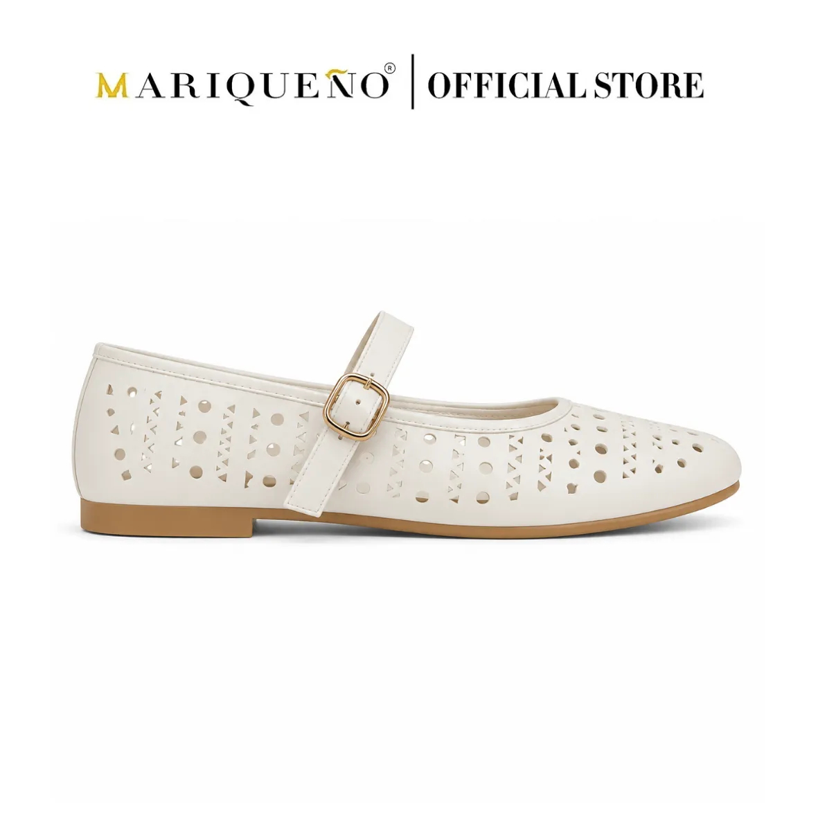 A single off-white Mary Jane flat shoe with laser-cut circular patterns on the upper, a matching strap with a gold-tone buckle, and a tan sole, shown against a plain white background with 'MARIQUENO | OFFICIAL STORE' text at the top.
#color_white