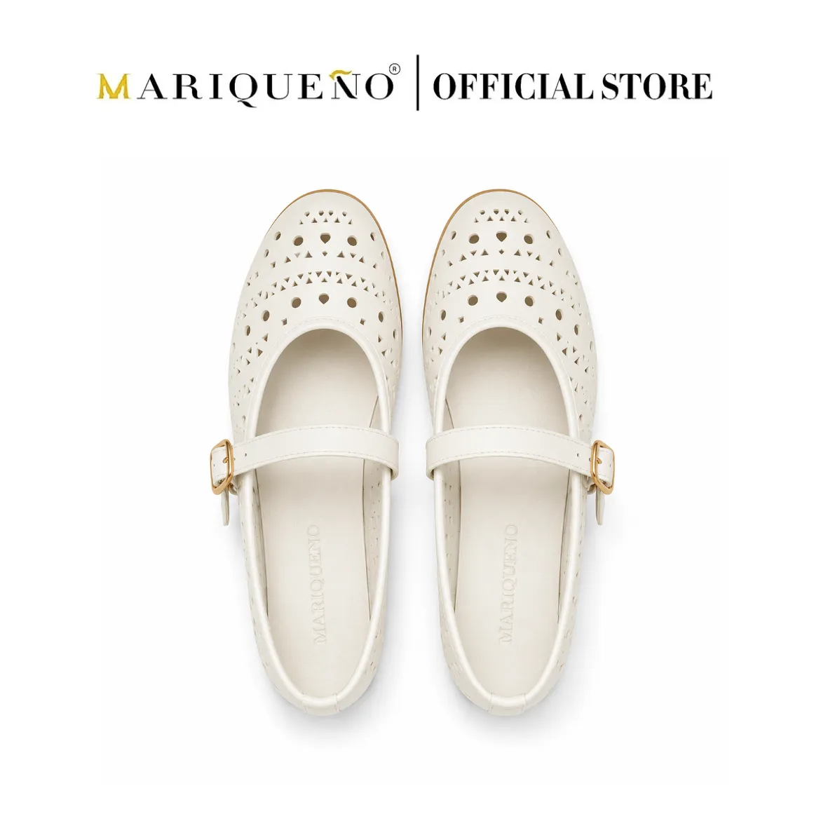 A pair of off-white Mary Jane shoes with perforated detailing on the toe and a gold buckle strap, shown from a top-down view on a white background with 'MARIQUENO | OFFICIAL STORE' text at the top.
#color_white