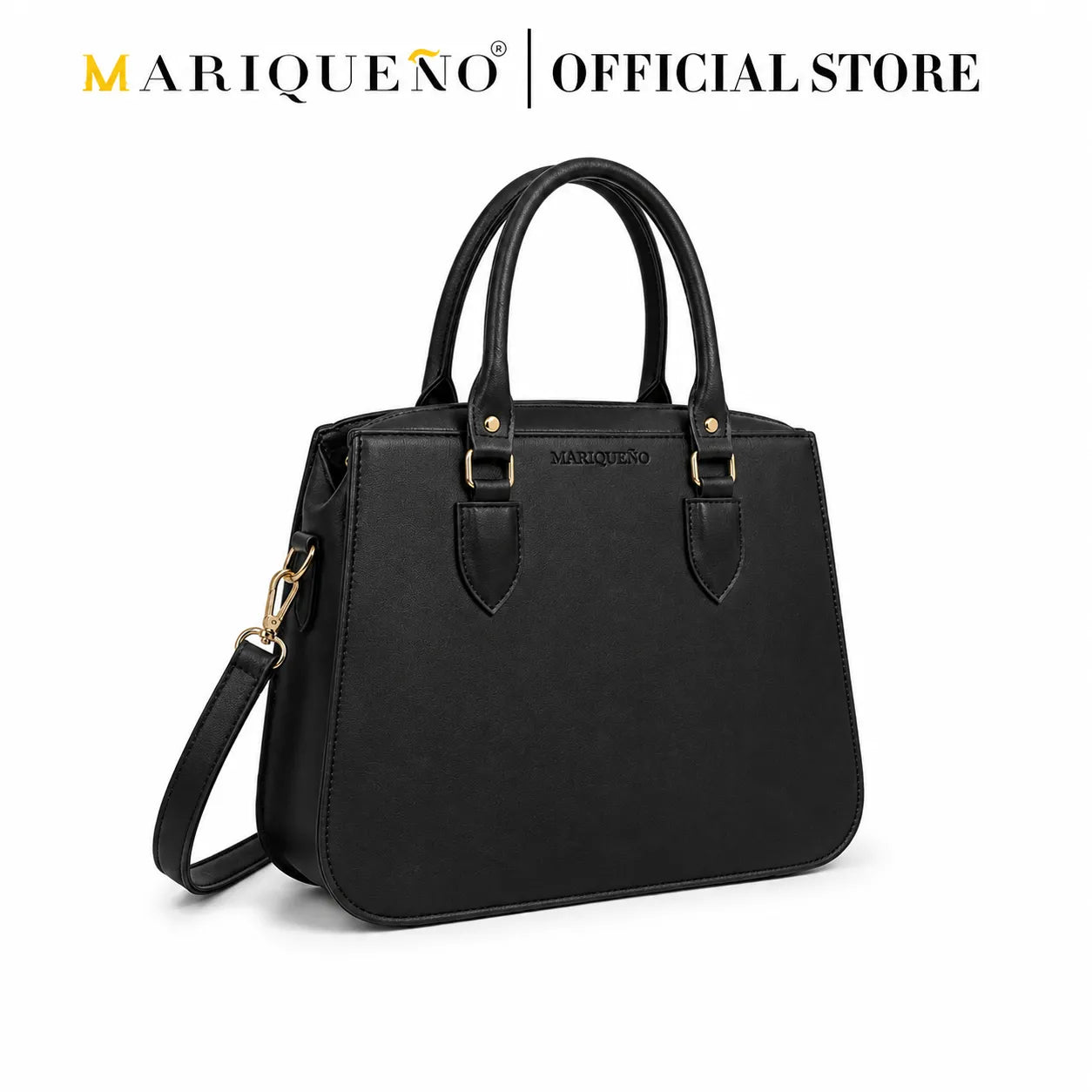 Black handbag with a strap on a white background, featuring the Mariqueño brand.
#color_black