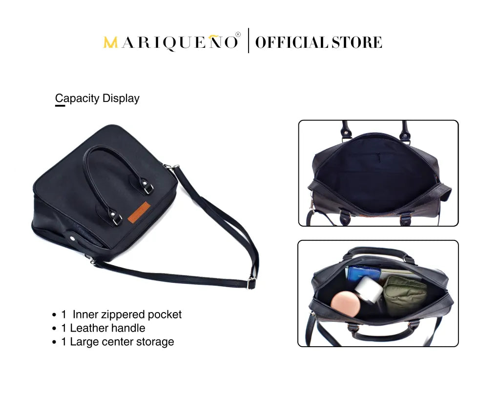 Black bag with features highlighted, including an inner zippered pocket and leather handle, on a white background with 'MARIQUENO' branding.
#color_black
