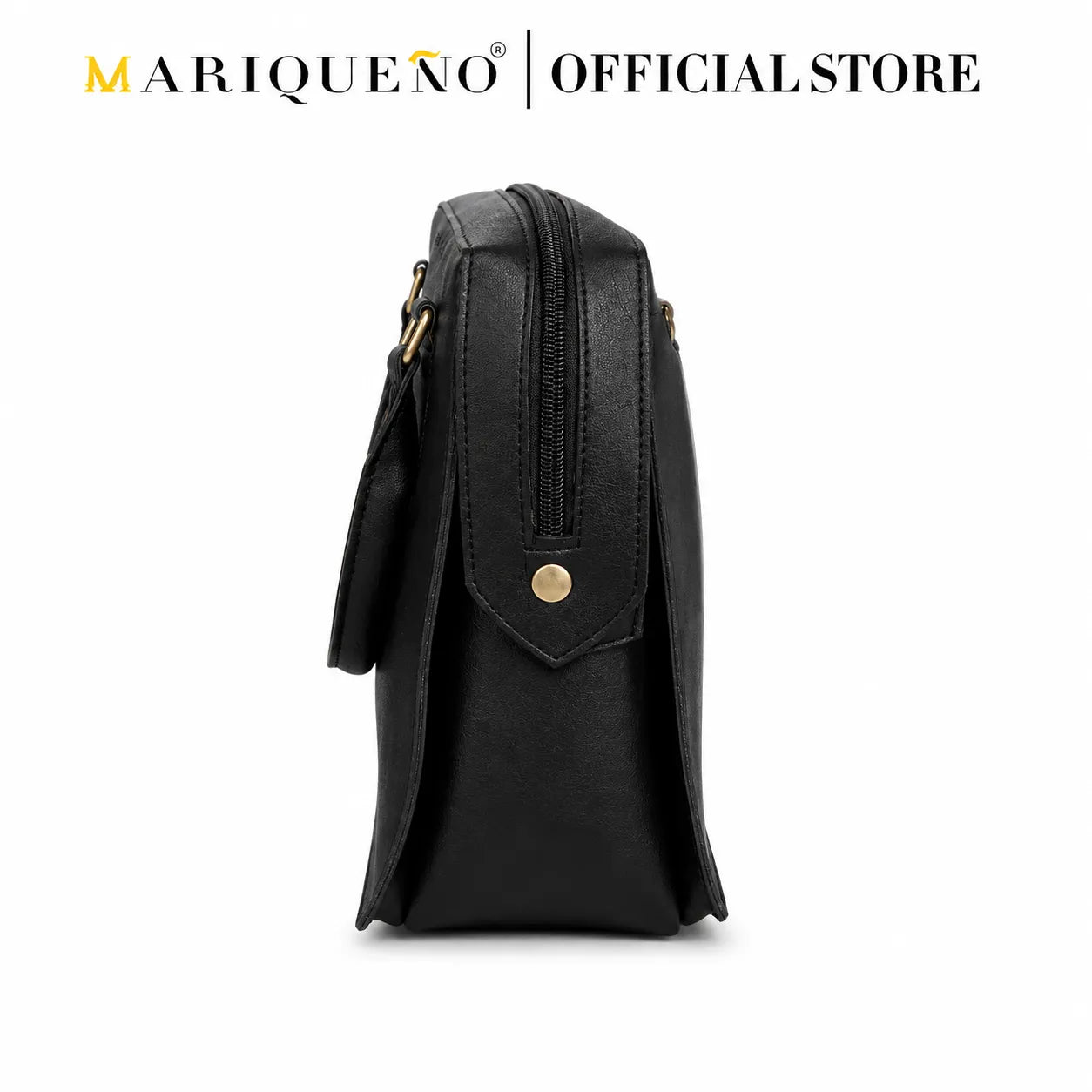 Black handbag with gold accents on a white background, featuring the Mariqueano brand.
#color_black