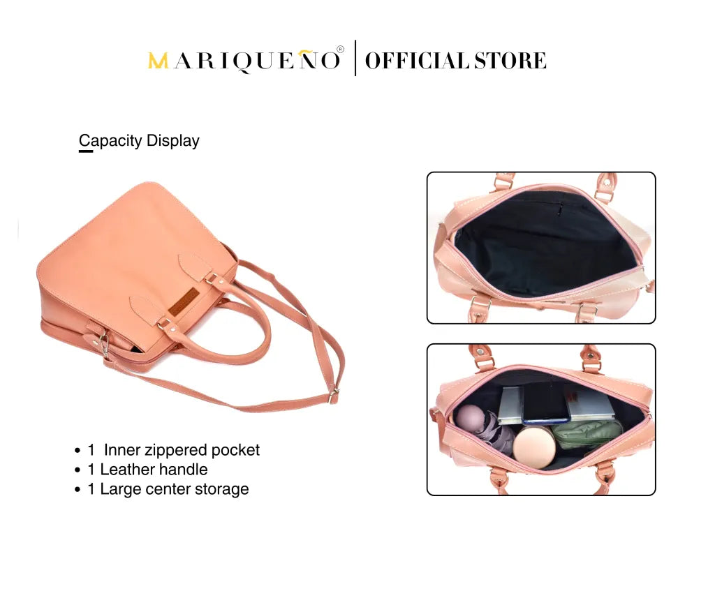 Pink handbag with features highlighted on a white background, branded as 'MARIQUENO'.
#color_salmon pink