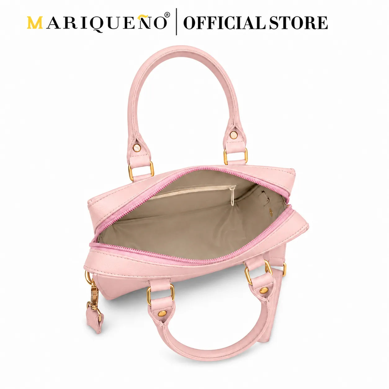Pink handbag with features highlighted on a white background, branded as 'MARIQUENO'.
#color_salmon pink