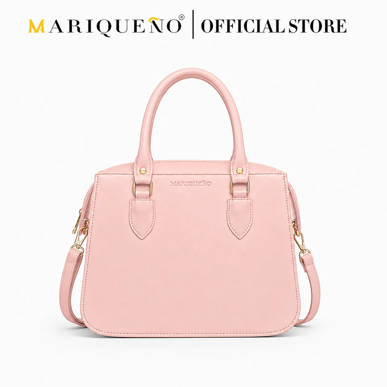 Pink handbag with shoulder strap on a white background, featuring the Mariqueño brand.
#color_salmon pink