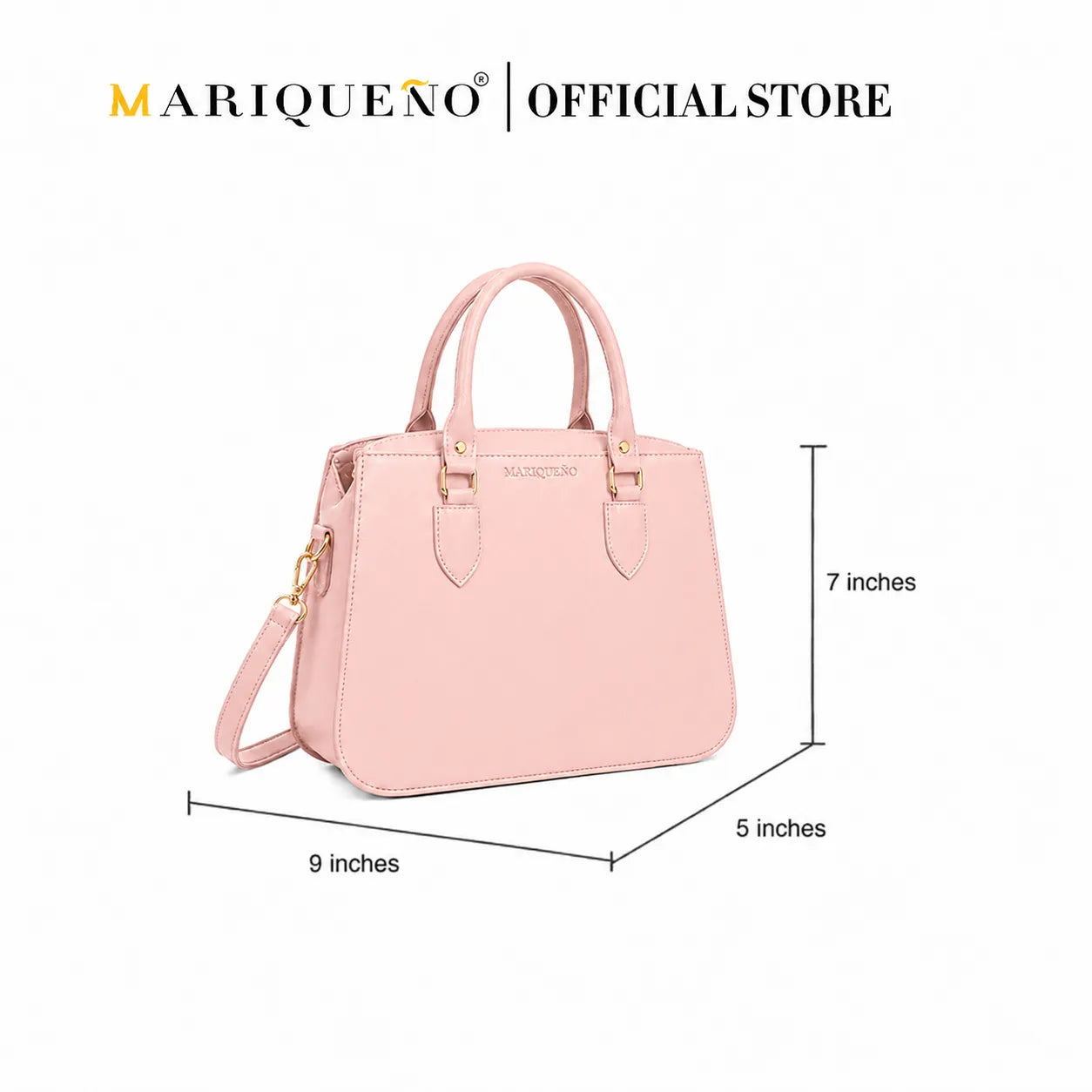 Two handbags, one black and one pink, with dimensions labeled on a white background. Brand 'Mariqueno' is visible.
#color_salmon pink