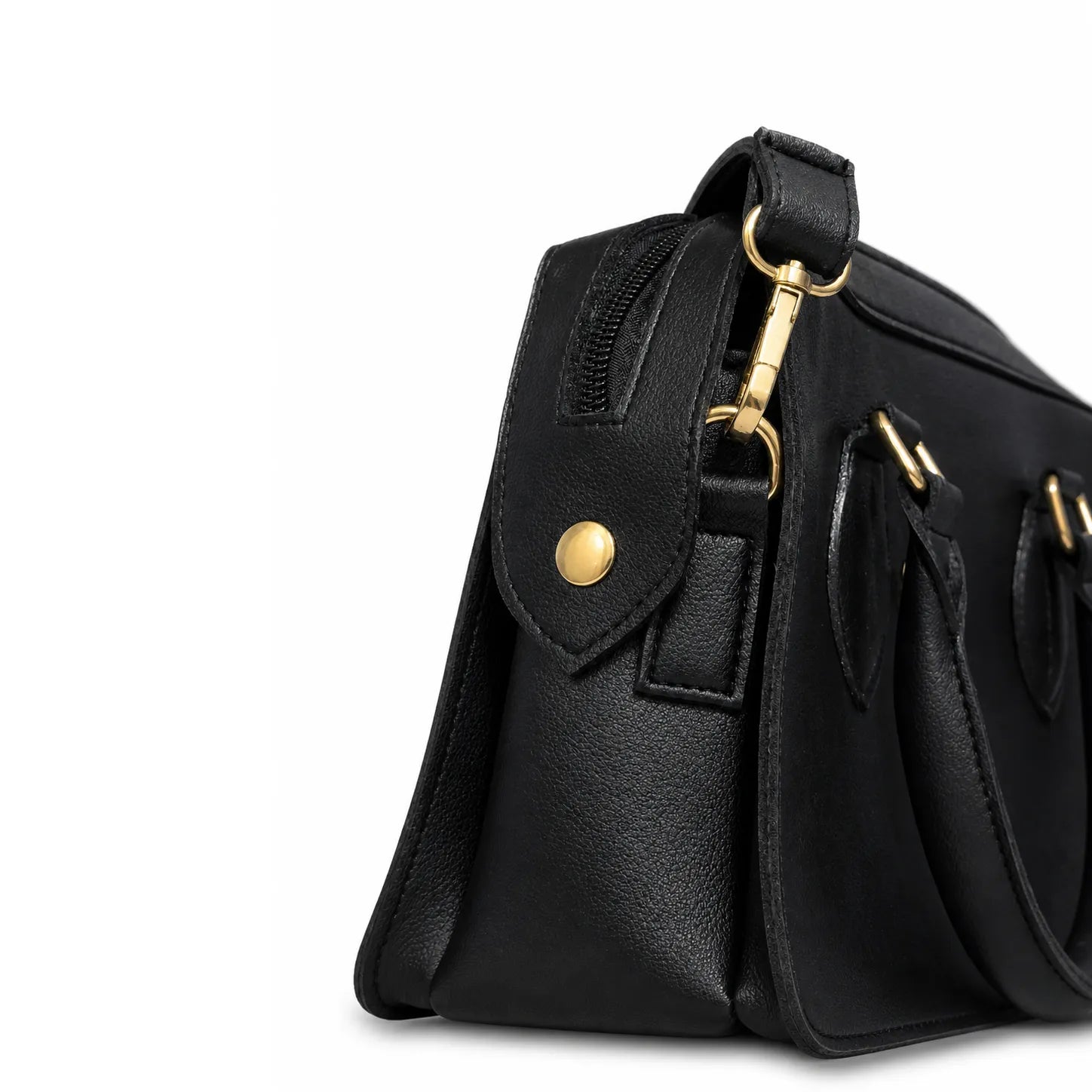 Black leather handbag with gold accents on a white background
#color_black