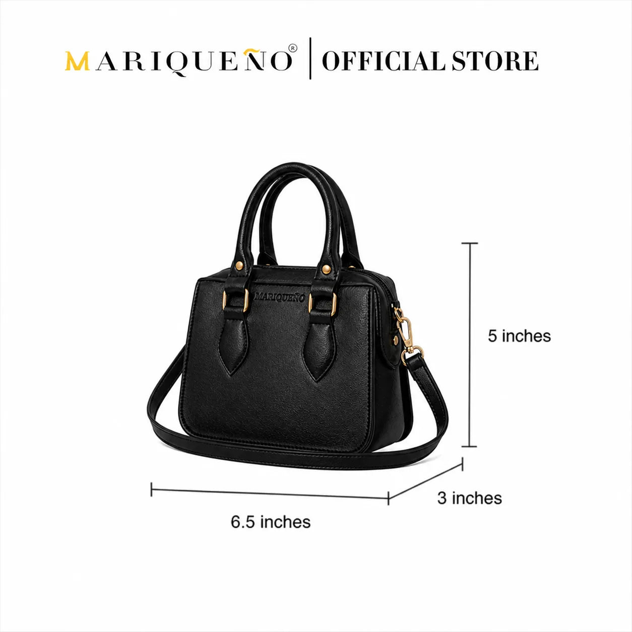 Black handbag with dimensions labeled, featuring the Mariqueno brand.
#color_black
