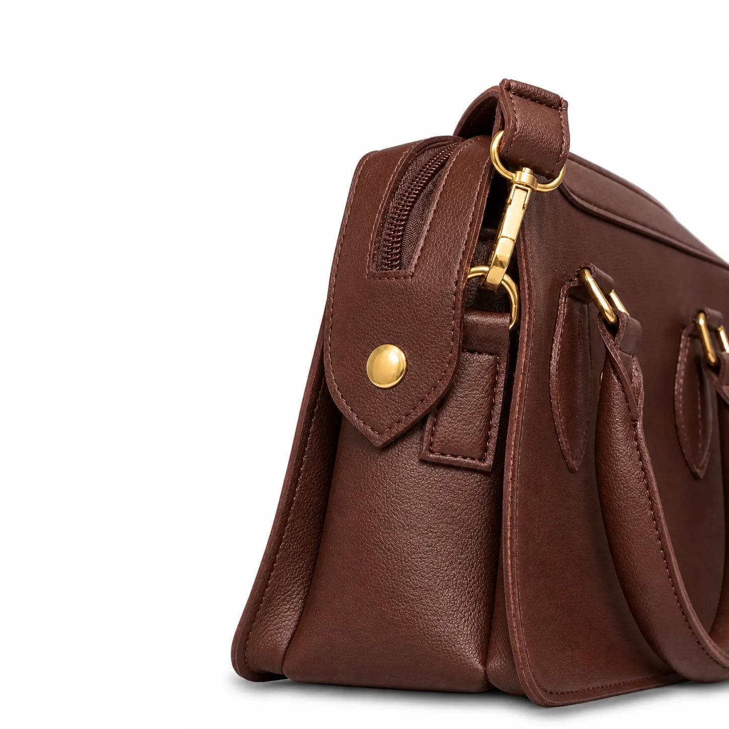 Brown leather handbag with gold accents on a white background
#color_choco brown