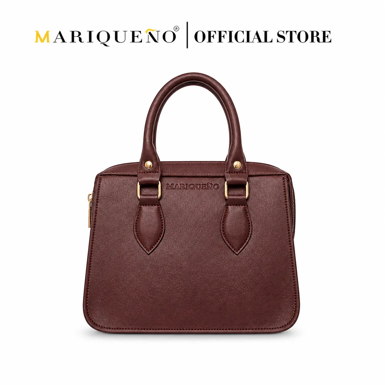 Brown handbag with shoulder strap on a white background, featuring the Mariqueno brand.
#color_choco brown