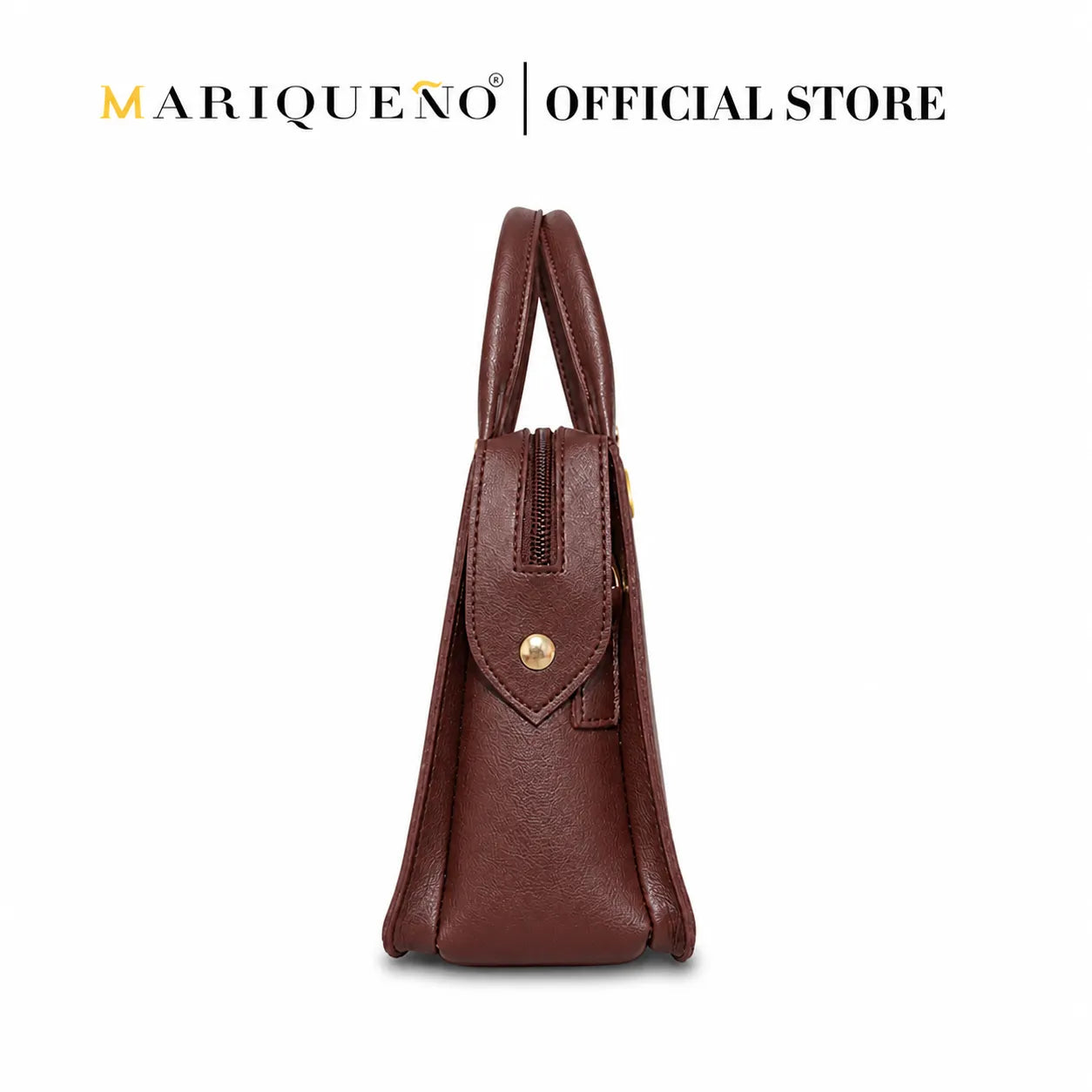 Brown handbag with shoulder strap on a white background, featuring the Marqueéno brand.
#color_choco brown