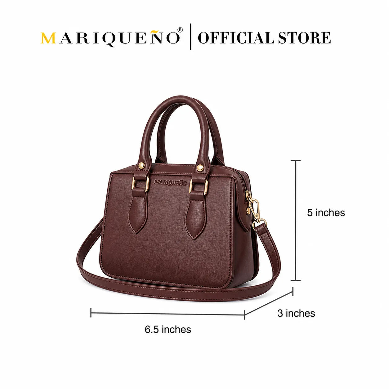 Tan handbag with measurements and Marqueéno branding on a white background
#color_choco brown