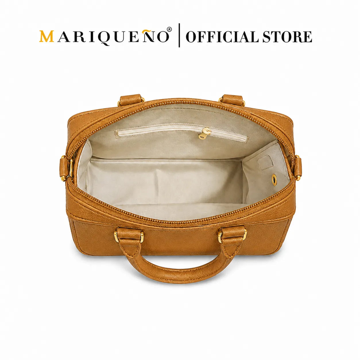 Brown leather bag with gold accents on a white background, featuring the Mariqueño brand.
#color_tan