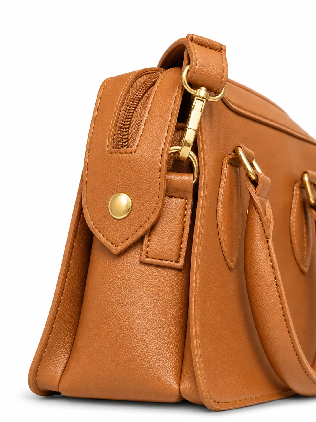 Brown leather handbag with gold accents on a white background
#color_tan