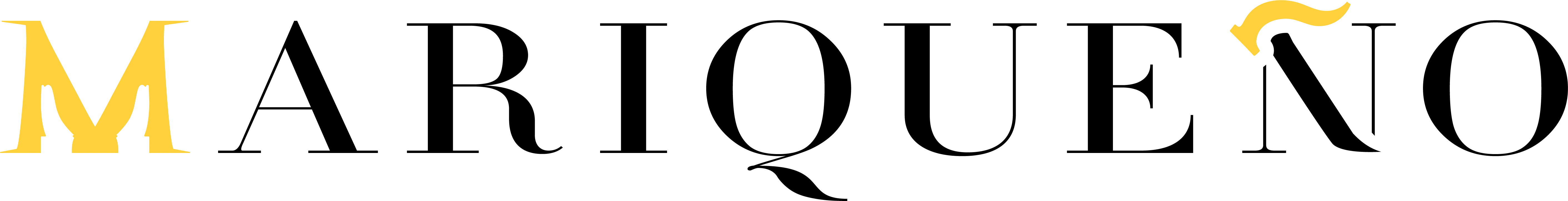 The brand logo for 'Mariqueno' features the name in black serif lettering with a stylized yellow 'M' and a small yellow accent on the 'N', set against a solid white background.