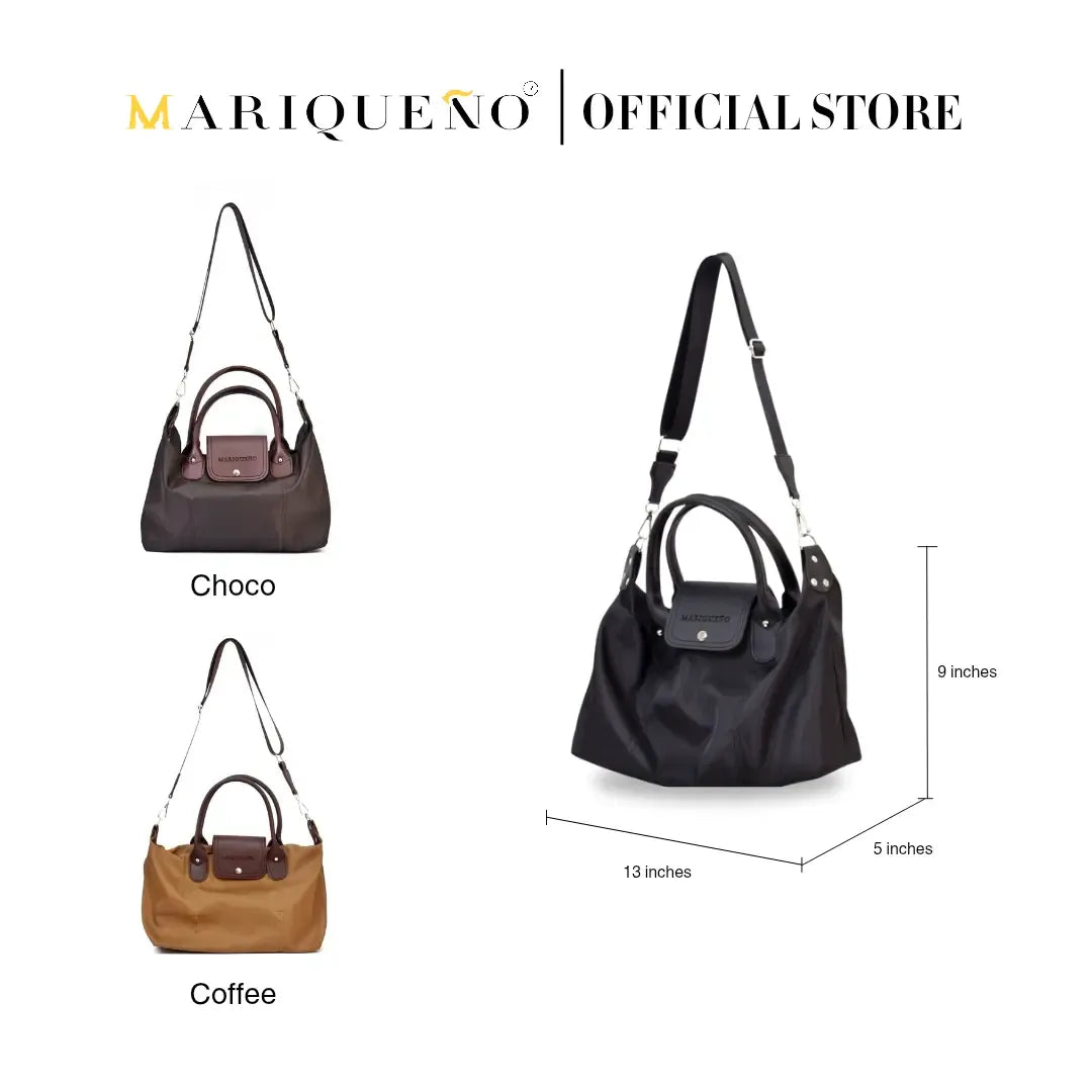 Three handbags in Choco, Black, and Coffee colors with dimensions on a white background, featuring the Marqueño brand.
#color_black