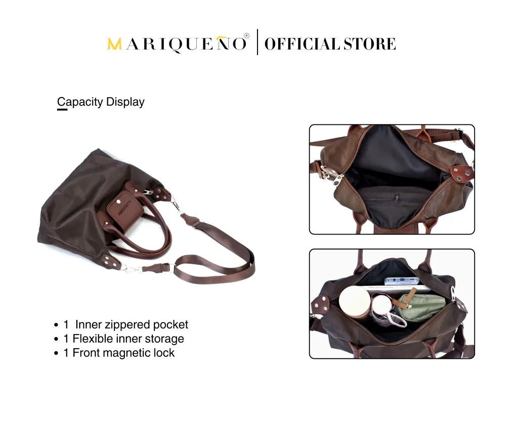 Brown leather bag with features highlighted on a white background, branded as 'MARIQUENO'.
#color_choco brown
