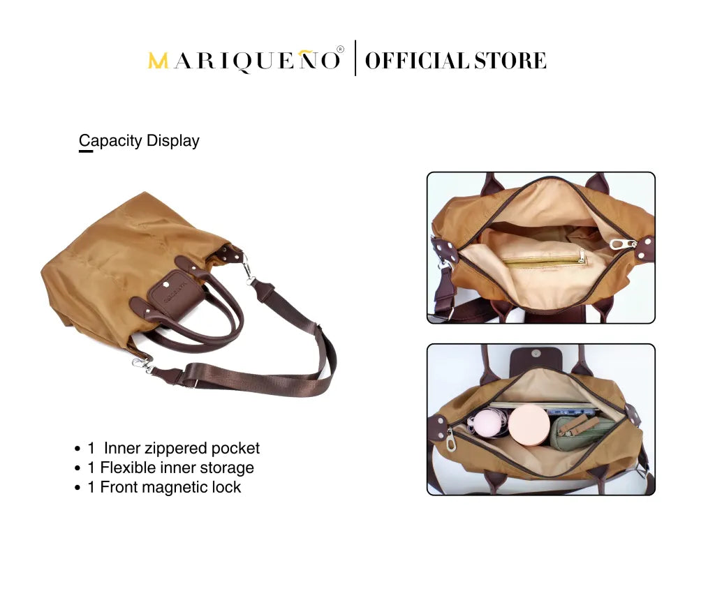 Brown handbag with features highlighted, displayed on a white background with 'MARIQUENO' 
branding.
#color_coffee brown