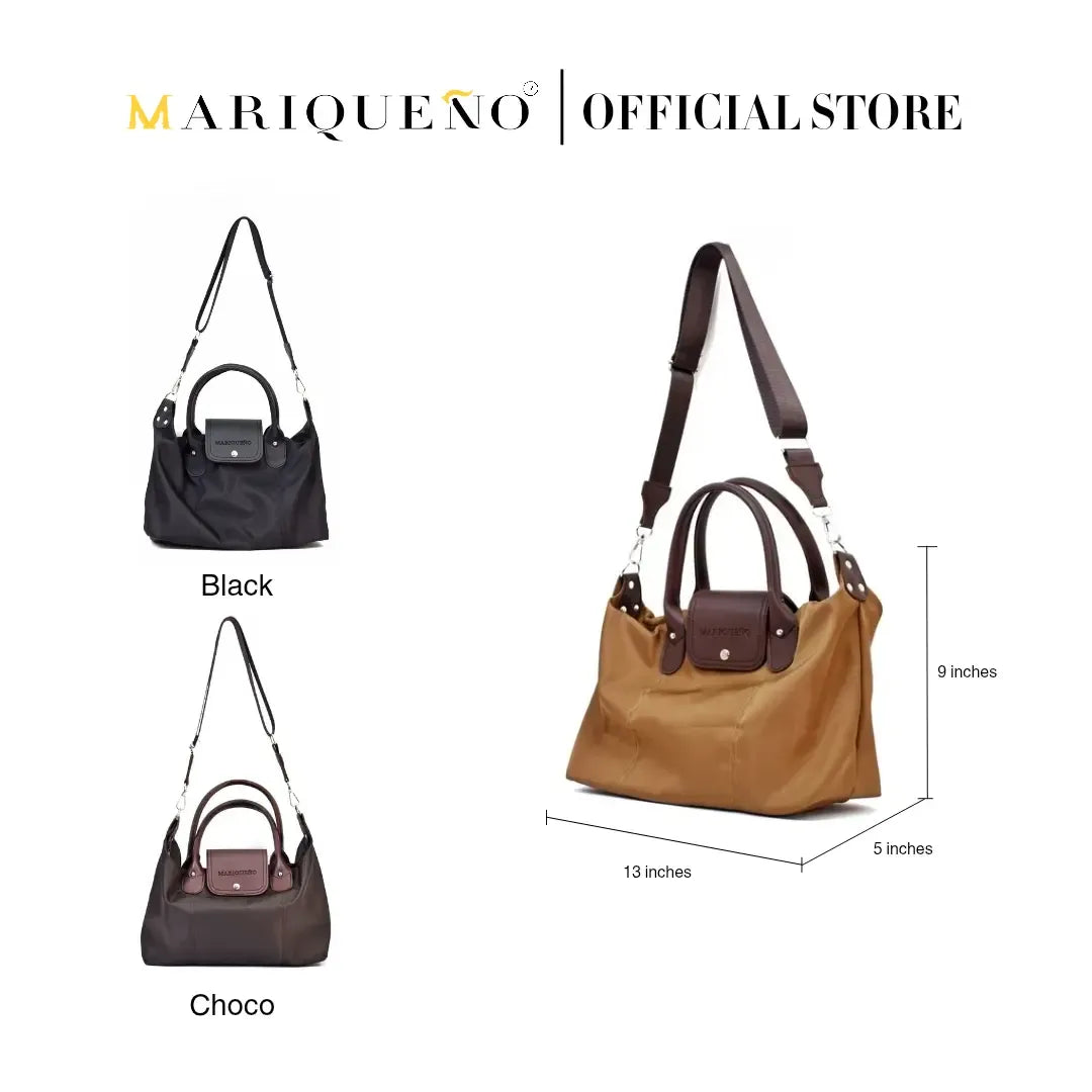 Three handbags in black, brown, and choco with dimensions labeled on a white background.
#color_coffee brown