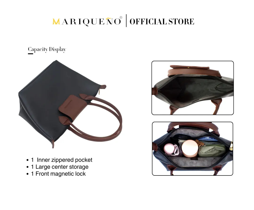 Black handbag with brown accents and features displayed on a white background, branded as MARIQUENO.
#color_black