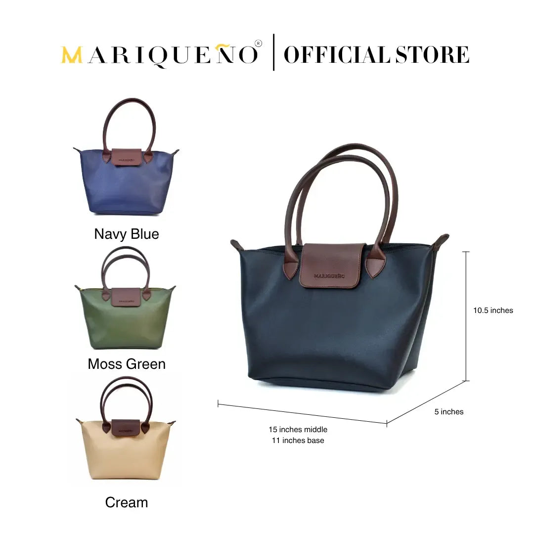 Four handbags in black, blue green, and cream with brown handles and accents, displayed with dimensions on a white background. Brand 'Mariqueno' is visible.
#color_black