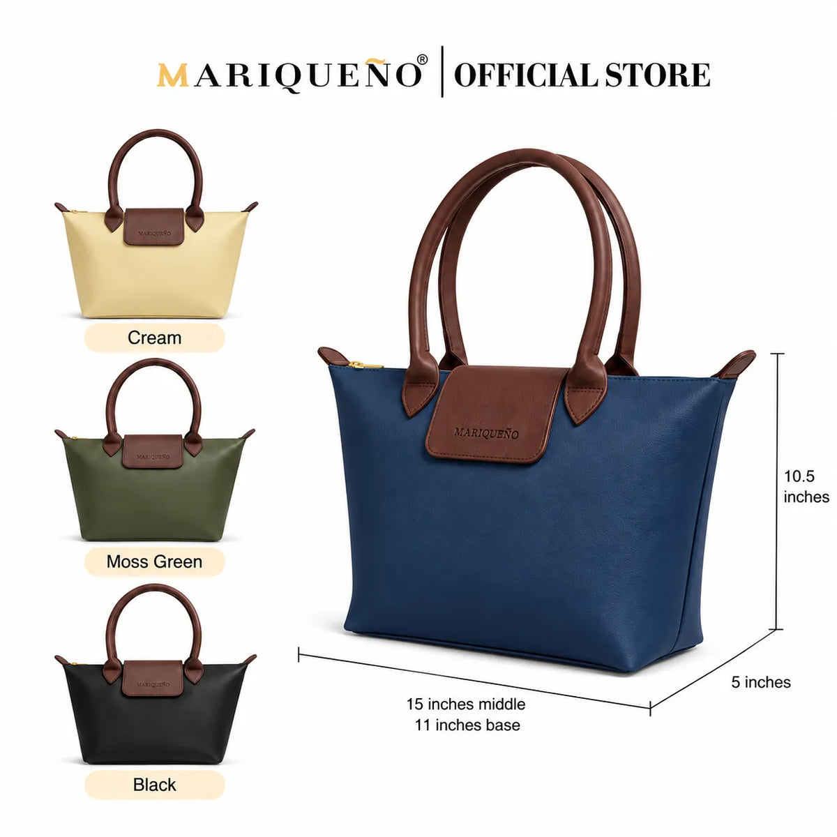 Four handbags in blue, black, green, and cream with brown handles and accents, displayed with dimensions on a white background. Brand 'Mariqueno' is visible.
#color_blue