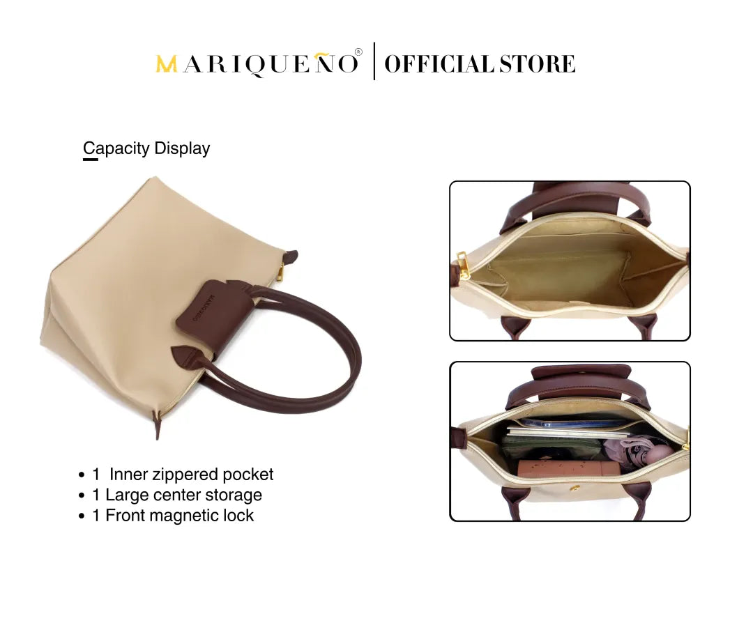 Cream handbag with brown handles and interior details, featuring Marqueéno branding.
#color_cream
