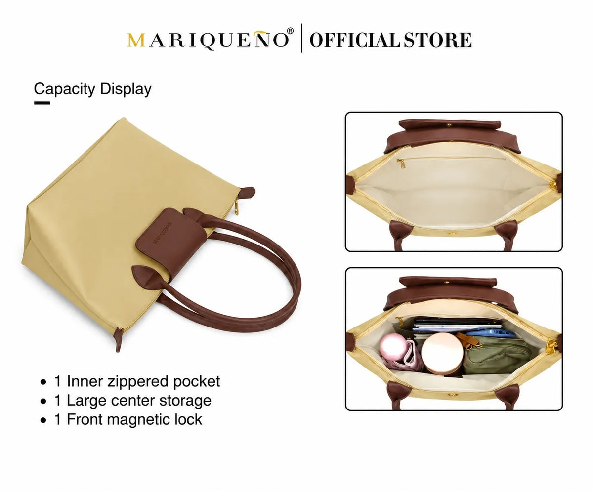 Cream handbag with brown handles and interior details, featuring Marqueéno branding.
#color_cream