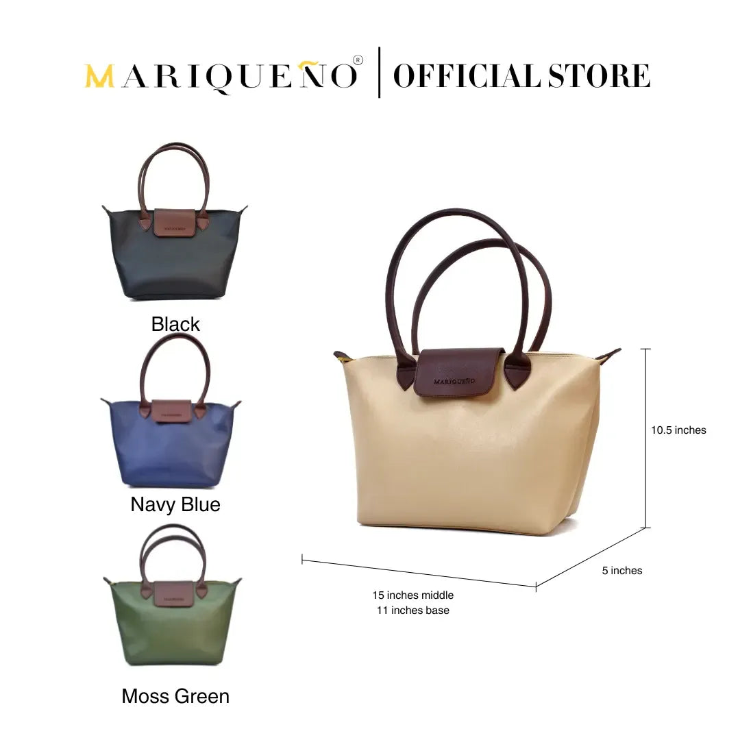 Four handbags in black, blue, cream, and green with dimensions on a white background, branded as Mariqueño.
#color_cream