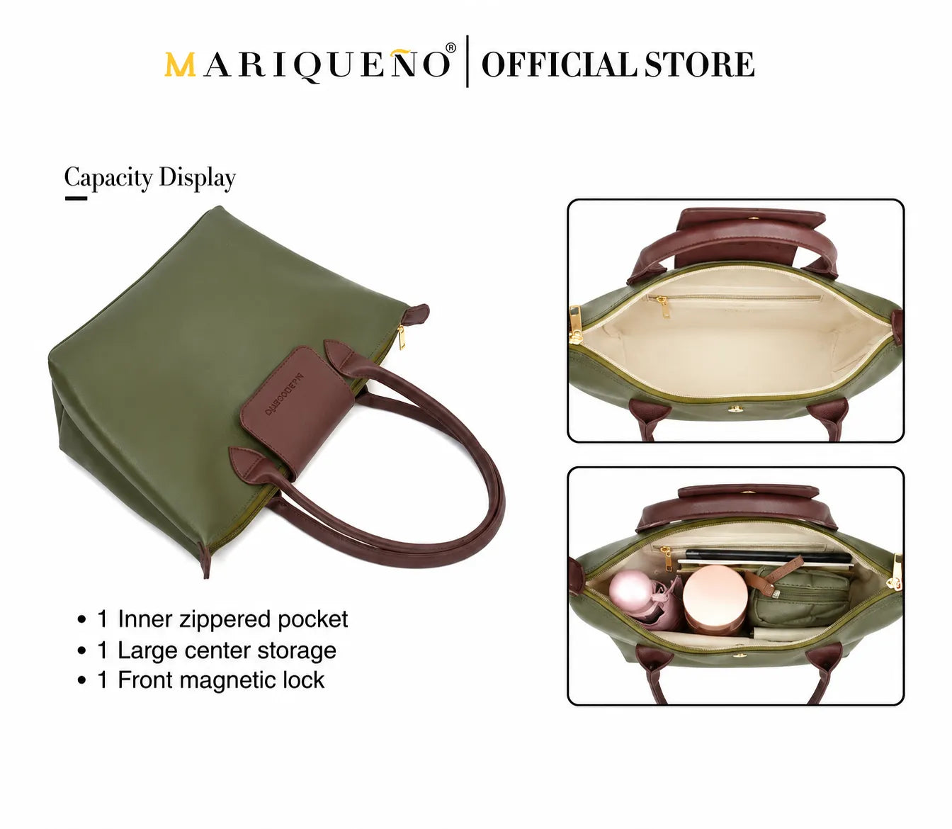 Green handbag with brown handle and accents, featuring capacity display text and images.
#color_green