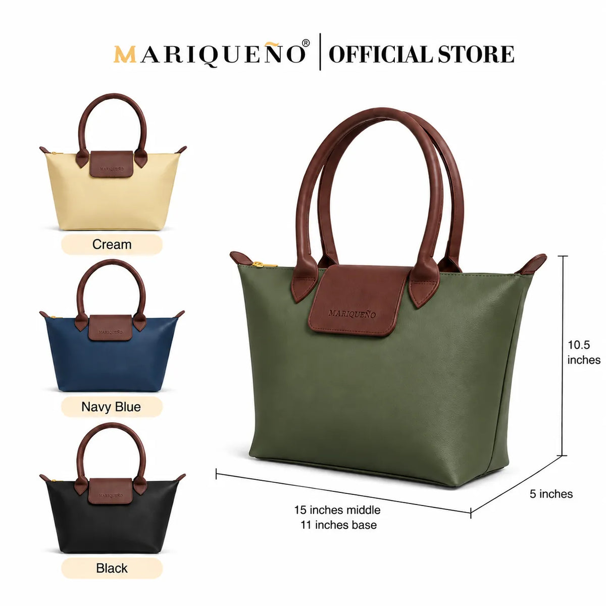 Four handbags in black, blue, green, and cream with dimensions on a white background, branded as Mariqueno.
#color_green