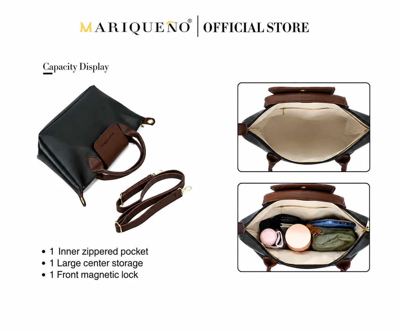 Marqueño handbag with capacity display features on a white background
#color_black