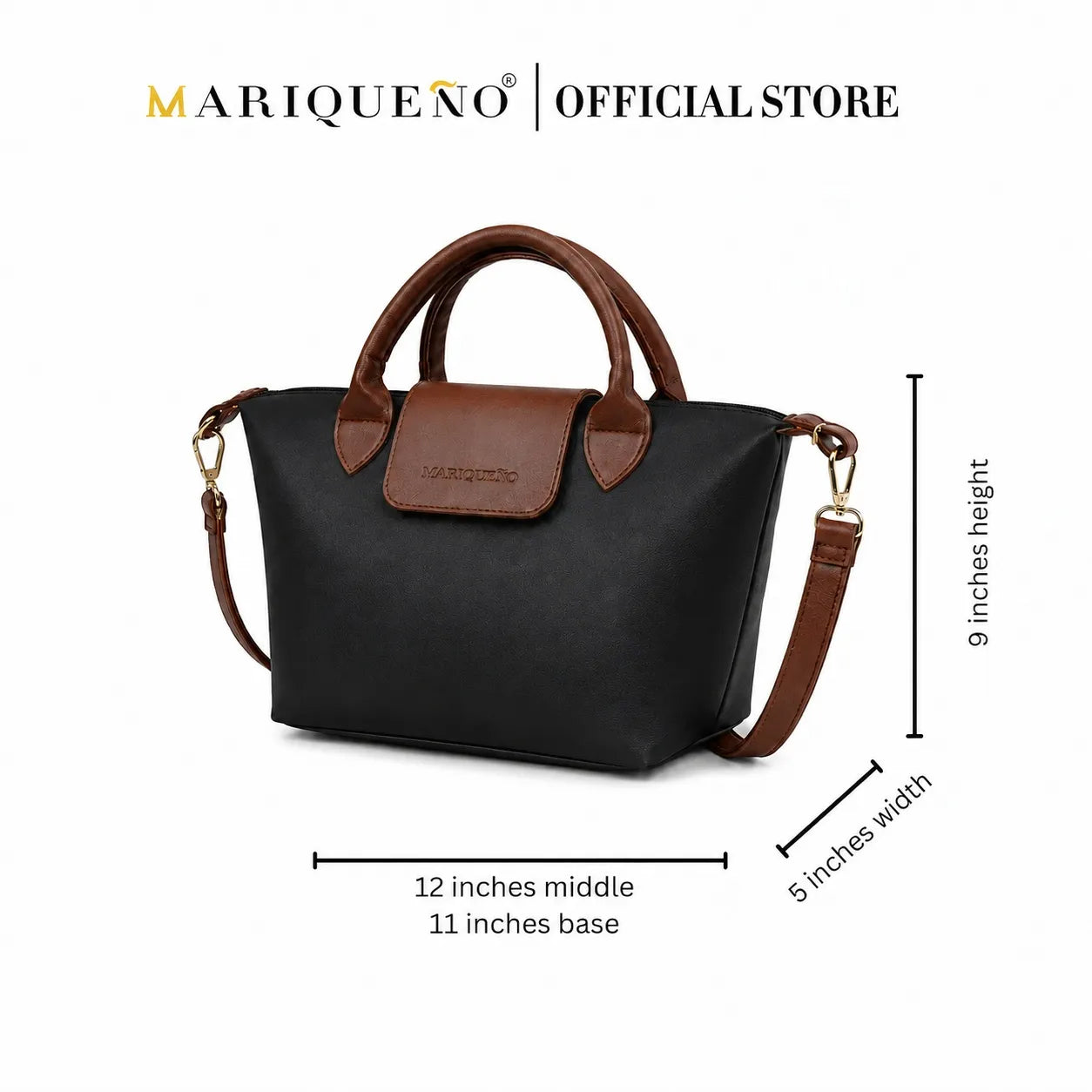 Four handbags in blue, green, black, and cream with brown handles on a white background, featuring Mariqueno branding.
#color_black