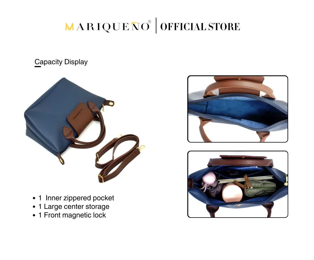 Blue handbag with brown accents displayed with capacity features on a white background.
#color_blue