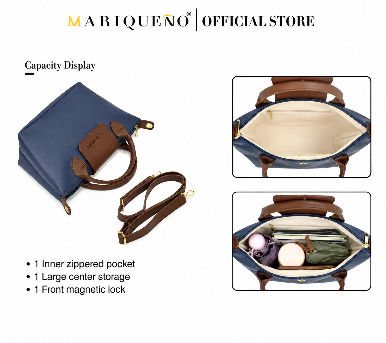 Blue handbag with brown accents displayed with capacity features on a white background.
#color_blue