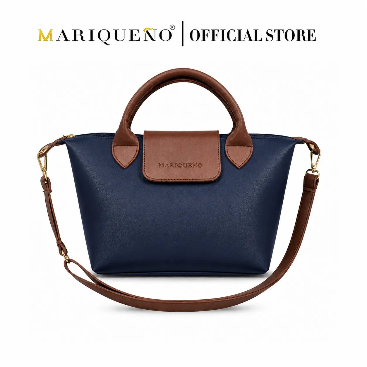 Blue handbag with brown handle and accents, featuring Mariqueno branding on a white background.
#color_blue