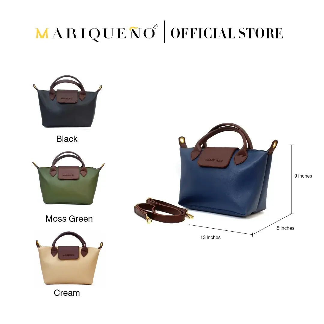 Four handbags in black, moss green, blue, and cream with brown handles on a white background, featuring Mariqueno branding.
#color_blue