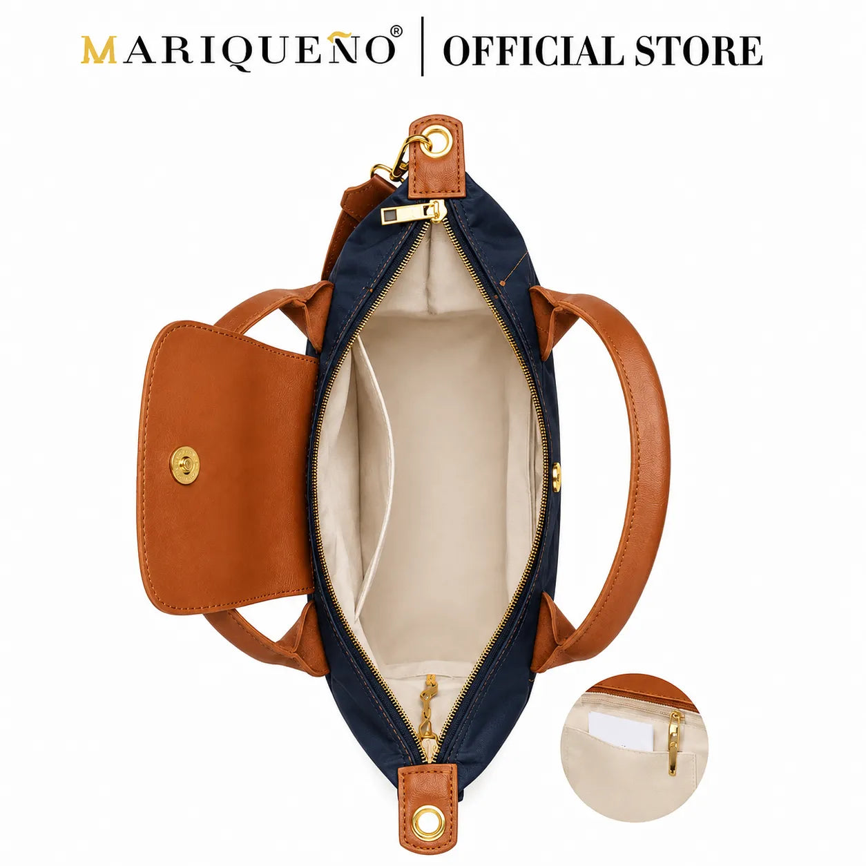 Top-down view of a Mariqueno navy blue and brown leather handbag with an open flap showing the beige interior, featuring a circular inset detail of the zipper and a brand logo at the top.
#color_navy blue