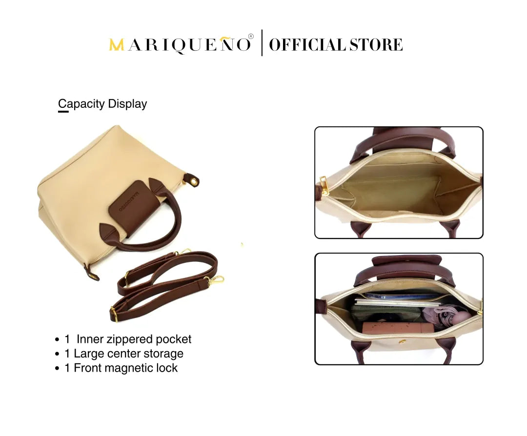 Beige handbag with brown accents and features highlighted, branded as Mariqueno.
#color_cream