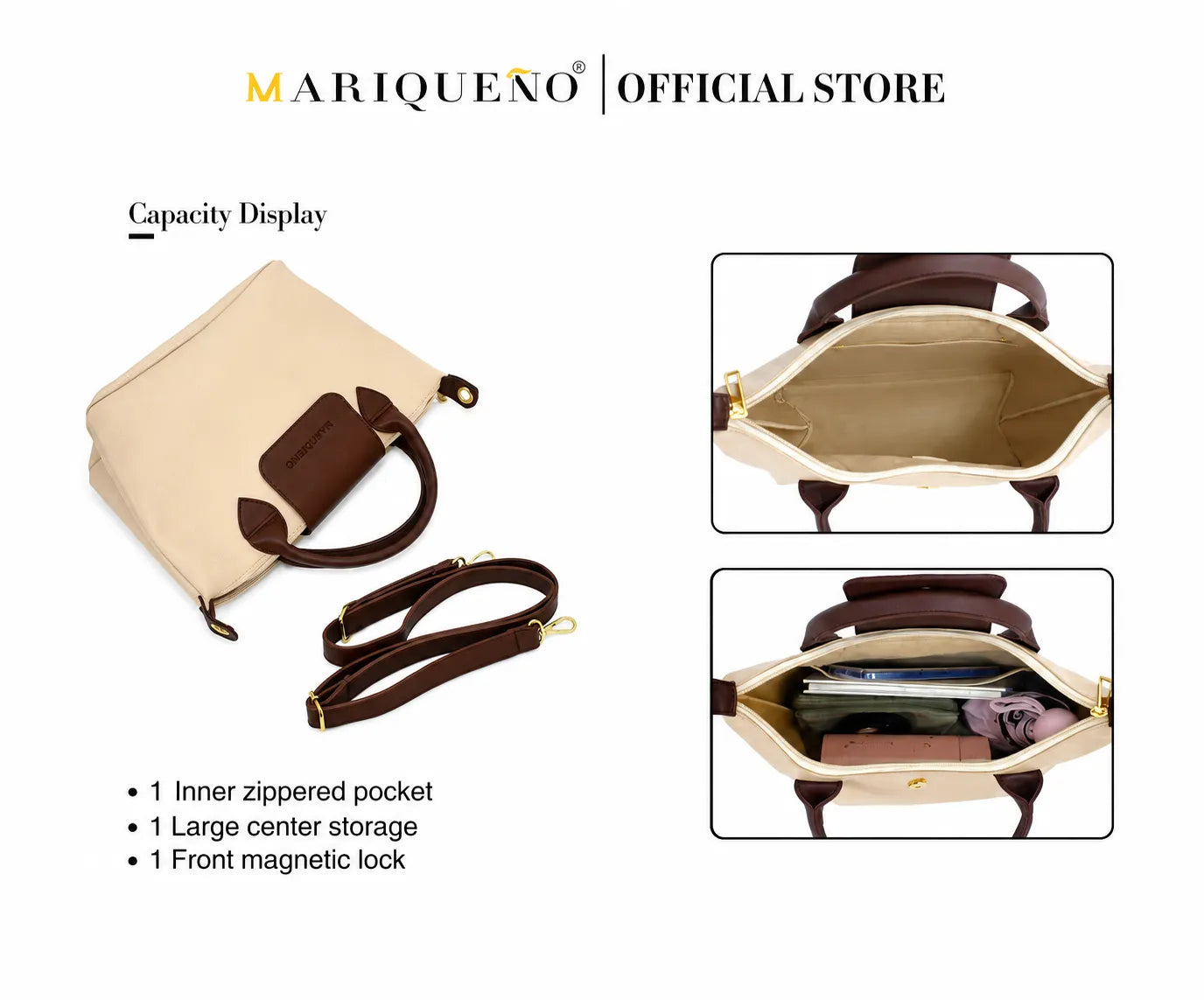 Beige handbag with brown accents and features highlighted, branded as Mariqueno.
#color_cream