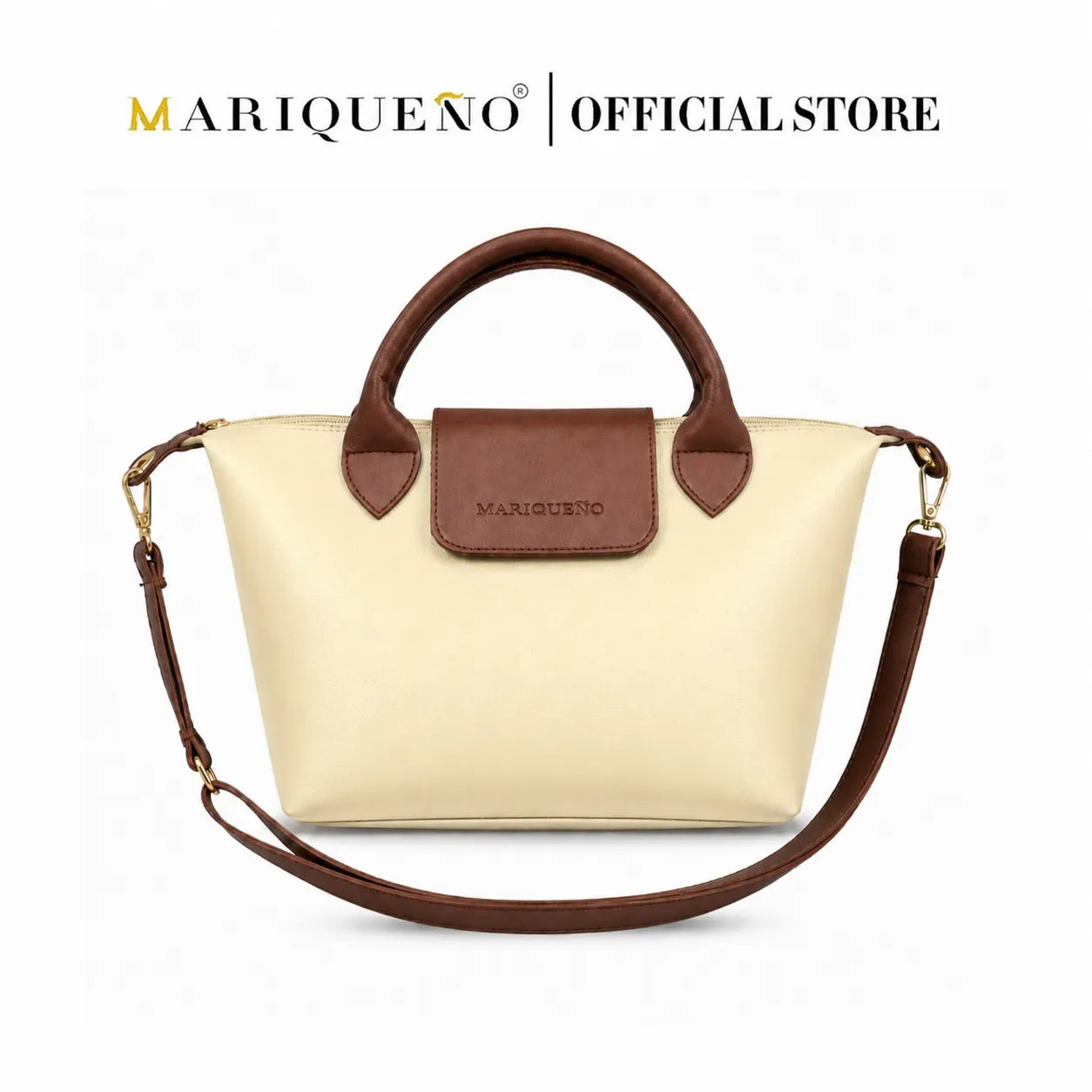 Beige handbag with brown handle and accents, featuring Mariqueño branding on a white background.
#color_cream