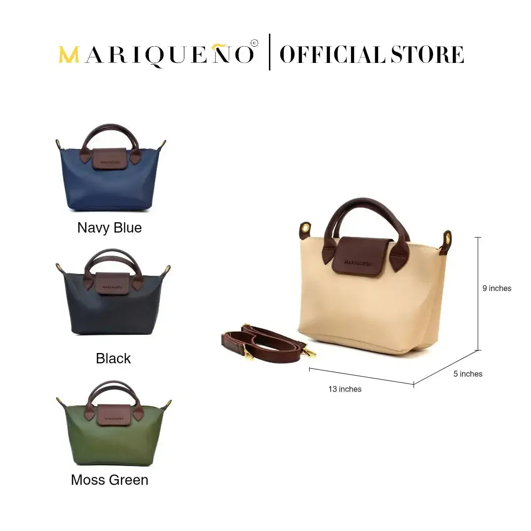 Three handbags in navy blue, black, and moss green with measurements on a white background, branded as Mariqueno.
#color_cream